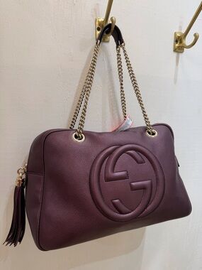 Gucci Pebbled Leather Shoulder Bag in Burgundy with Gold Chain Strap